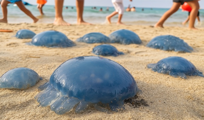 méduses bleues sur une plage 